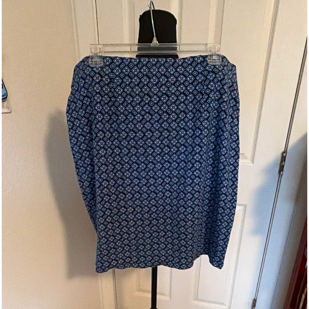 J.jill Womens Large Blue Geometric PullOn Elastic Waist Knee Length Pencil Skirt